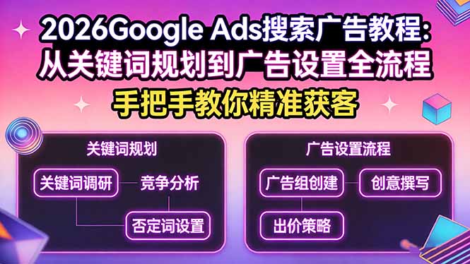2026Google Ads搜索广告教程：从关键词规划到广告设置全流程，手把手教你精准获客-财阁