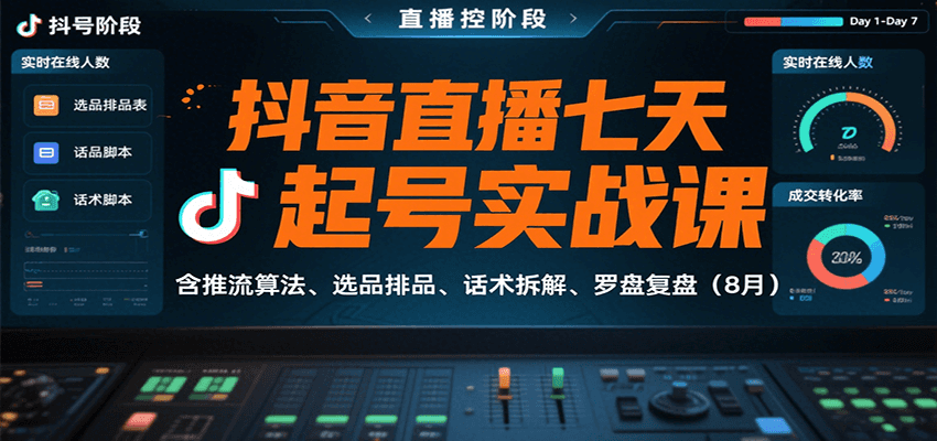 抖音直播七天起号实战课：含推流算法、选品排品、话术拆解、罗盘复盘(8月)-财阁