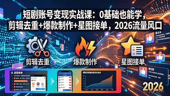 短剧账号变现实战课：0基础也能学，剪辑去重+爆款制作+星图接单，2026流量风口-财阁