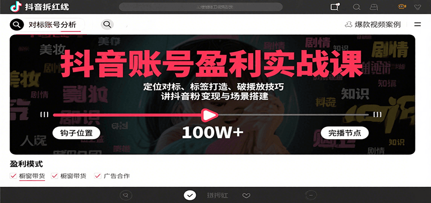 抖音账号盈利实战课，定位对标、标签打造、破播放技巧，讲涨粉变现与场景搭建-财阁