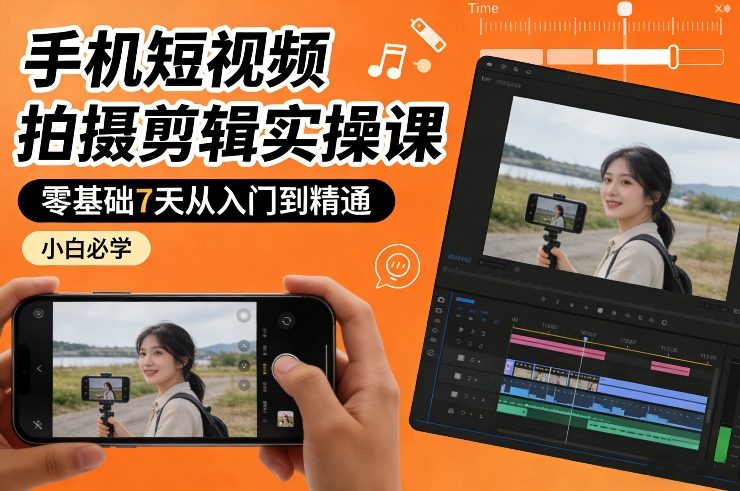 手机短视频拍摄剪辑实操课，零基础7天从入门到精通，小白必学-财阁