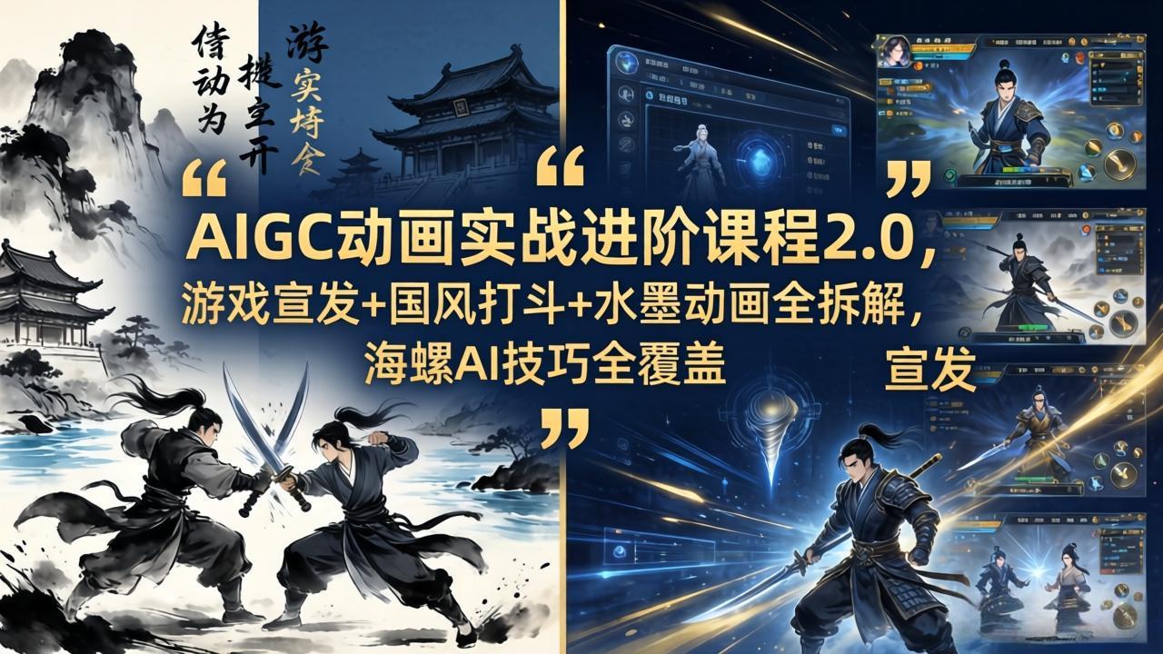 AIGC动画实战进阶课程2.0，游戏宣发+国风打斗+水墨动画全拆解，海螺AI技巧全覆盖-财阁