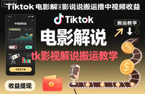 Tiktok电影解说搬运撸中视频收益，tk影视解说搬运教学-财阁
