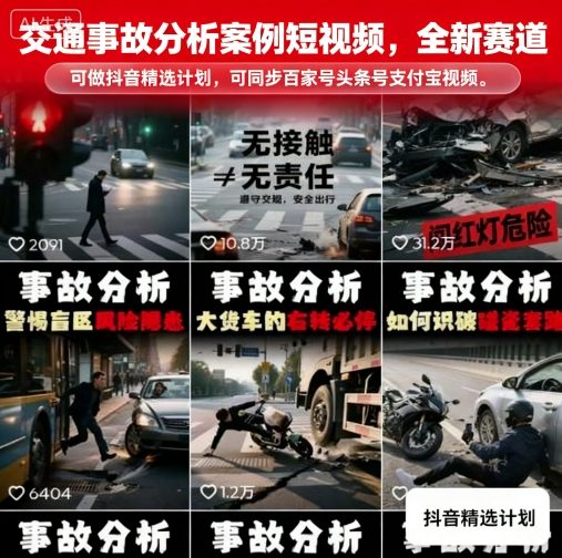 交通事故分析案例短视频，全新赛道，可做抖音精选计划，可同步百家号头条号支付宝视频号平台-财阁