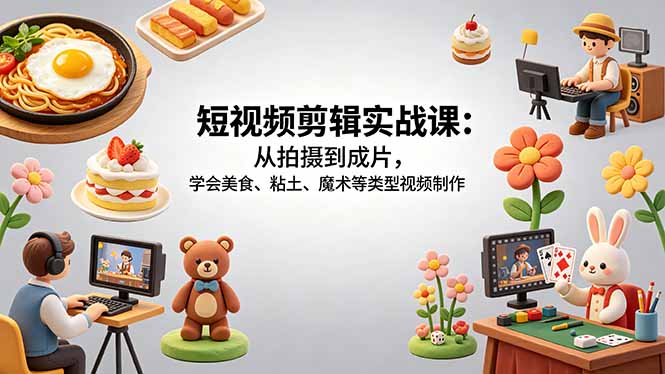 短视频剪辑实战课：从拍摄到成片，学会美食、粘土、魔术等类型视频制作-财阁