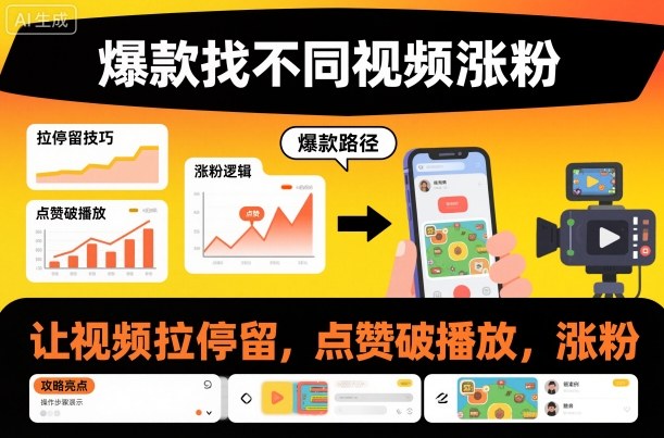 爆款找不同视频涨粉，让视频拉停留，实现点赞，破播放，涨粉-财阁