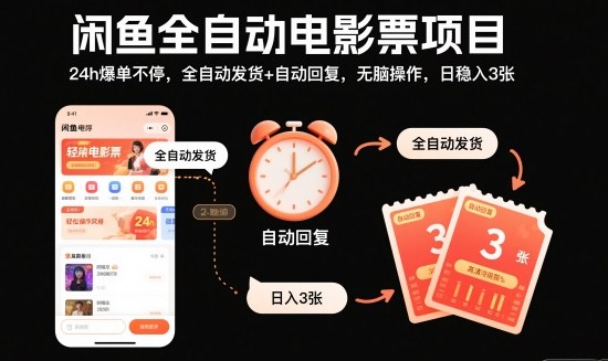 闲鱼全自动电影票项目，24h爆单不停，全自动发货+自动回复，无脑操作，日稳入3张【揭秘】-财阁