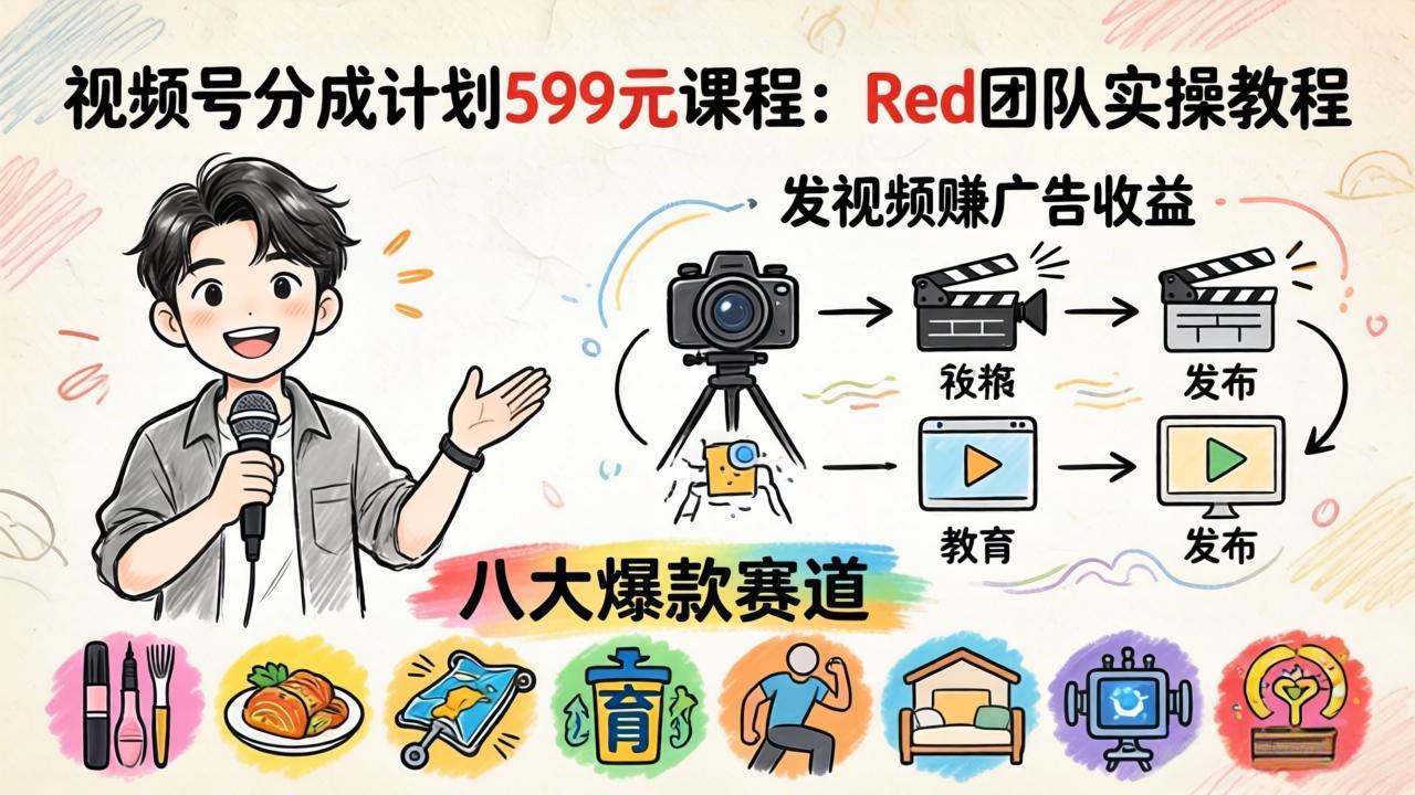 视频号分成计划599元课程：Red团队实操教程，发视频赚广告收益，八大爆款赛道全掌握-财阁