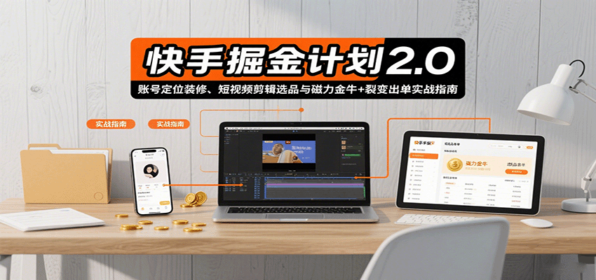 快手掘金计划2.0，账号定位装修、短视频剪辑选品与磁力金牛+裂变出单实战指南-财阁