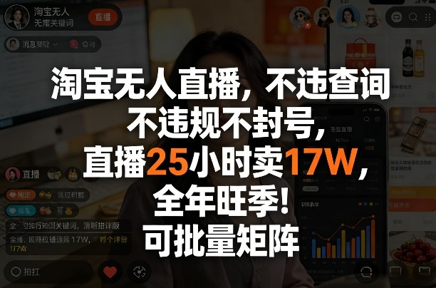 淘宝无人直播，不违规不封号，直播25小时卖17W，全年旺季！可批量矩阵【揭秘】-财阁