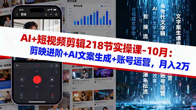 AI+短视频剪辑218节实操课-10月：剪映进阶+AI文案生成+账号运营，月入2万-财阁
