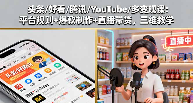 头条/好看/腾讯/YouTube/多变现课：平台规则+爆款制作+直播带货，三维教学-财阁