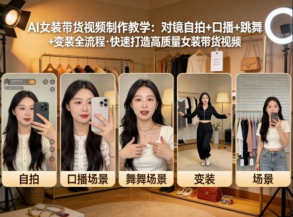 AI女装带货视频制作教学，对镜自拍、口播、跳舞、变装全流程，快速打造高质量女装带货视频-财阁