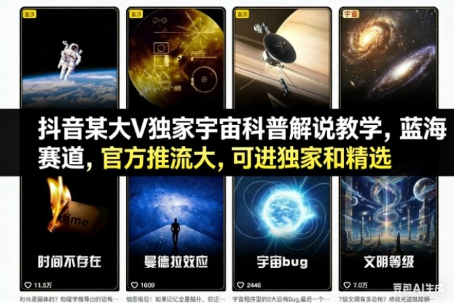 抖音某大V独家宇宙科普解说教学,蓝海赛道,官方推流大,可进独家和精选-财阁