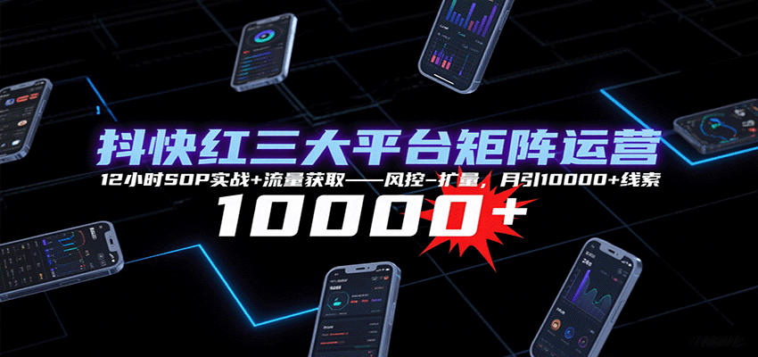 抖快红三大平台矩阵运营，12小时SOP实战+流量获取-风控-扩量，月引10000+线索-财阁