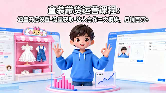 童装带货运营课程：涵盖开店设置-流量获取-达人合作三大模块，月销百万+-财阁