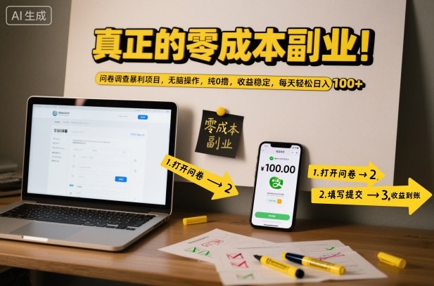 真正的零成本副业！问卷调查暴利项目，无脑操作，纯0撸，收益稳定，每天轻松日入100+【揭秘】-财阁