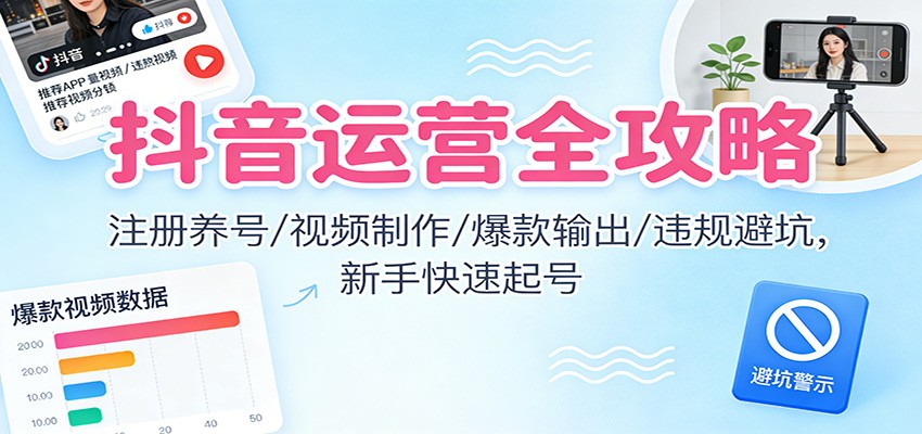 抖音运营全攻略：注册养号/视频制作/爆款输出/违规避坑，新手快速起号-财阁