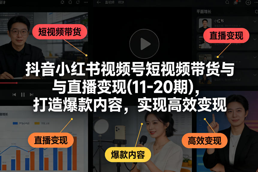 抖音小红书视频号短视频带货与直播变现(10-21期)，打造爆款内容，实现高效变现(更新05月08日)-财阁