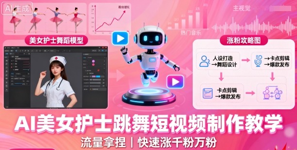 AI美女护士跳舞短视频制作教学，流量拿捏，快速涨千粉万粉【提示词+视频教程】-财阁