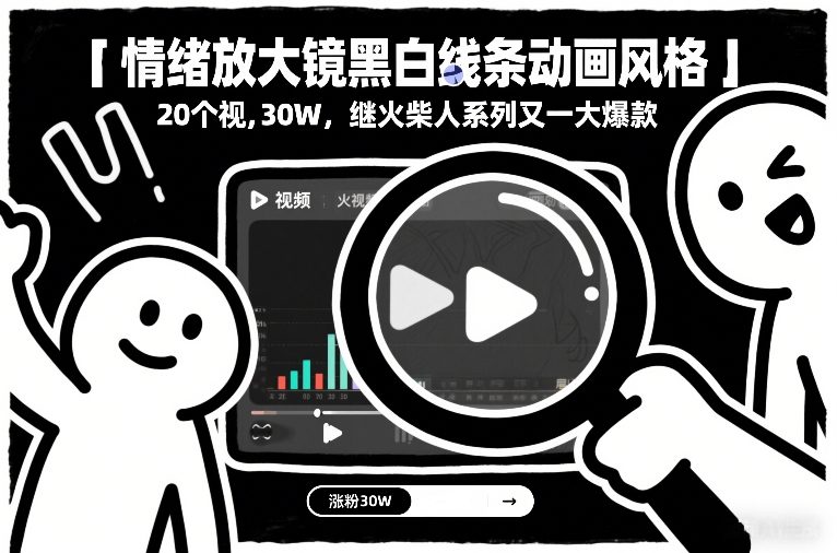 情绪放大镜黑白线条动画风格，20个视频，涨粉30W，继火柴人系列又一大爆款-财阁