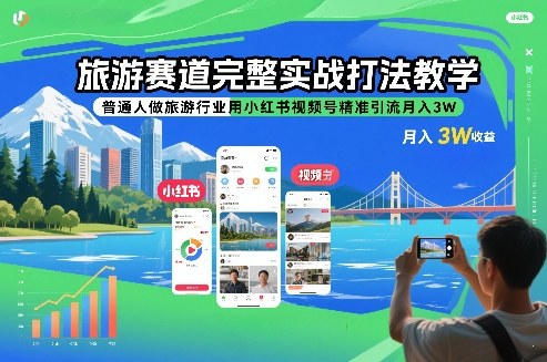 旅游赛道完整实战打法教学，普通人做旅游行业用小红书视频号精准引流月入3W-财阁