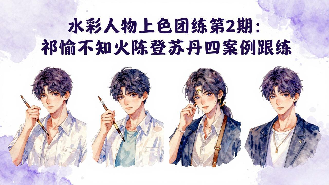 水彩人物上色团练第2期：祁煜不知火陈登苏丹四案例跟练，手把手提升绘画能力-财阁