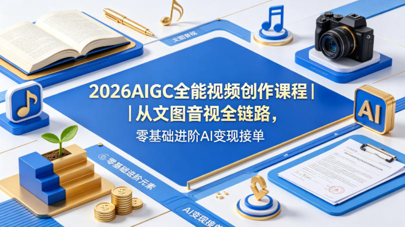 2026AIGC全能视频创作课程｜从文图音视全链路，零基础进阶AI变现接单-财阁