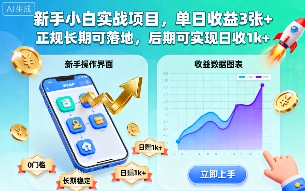 新手小白实战项目，单日收益3张+，正规长期可落地，后期可实现日收1k+【揭秘】-财阁