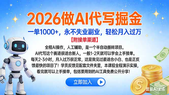 2026做AI代写掘金，一单1000+，永不失业副业，轻松月入过万-财阁