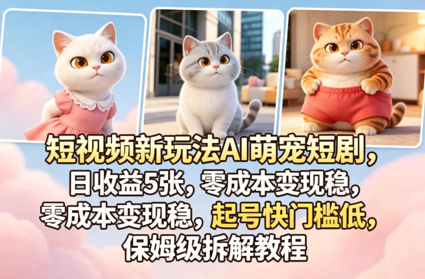 短视频新玩法AI萌宠短剧，日收益5张，零成本变现稳，起号快门槛低，保姆级拆解教程-财阁