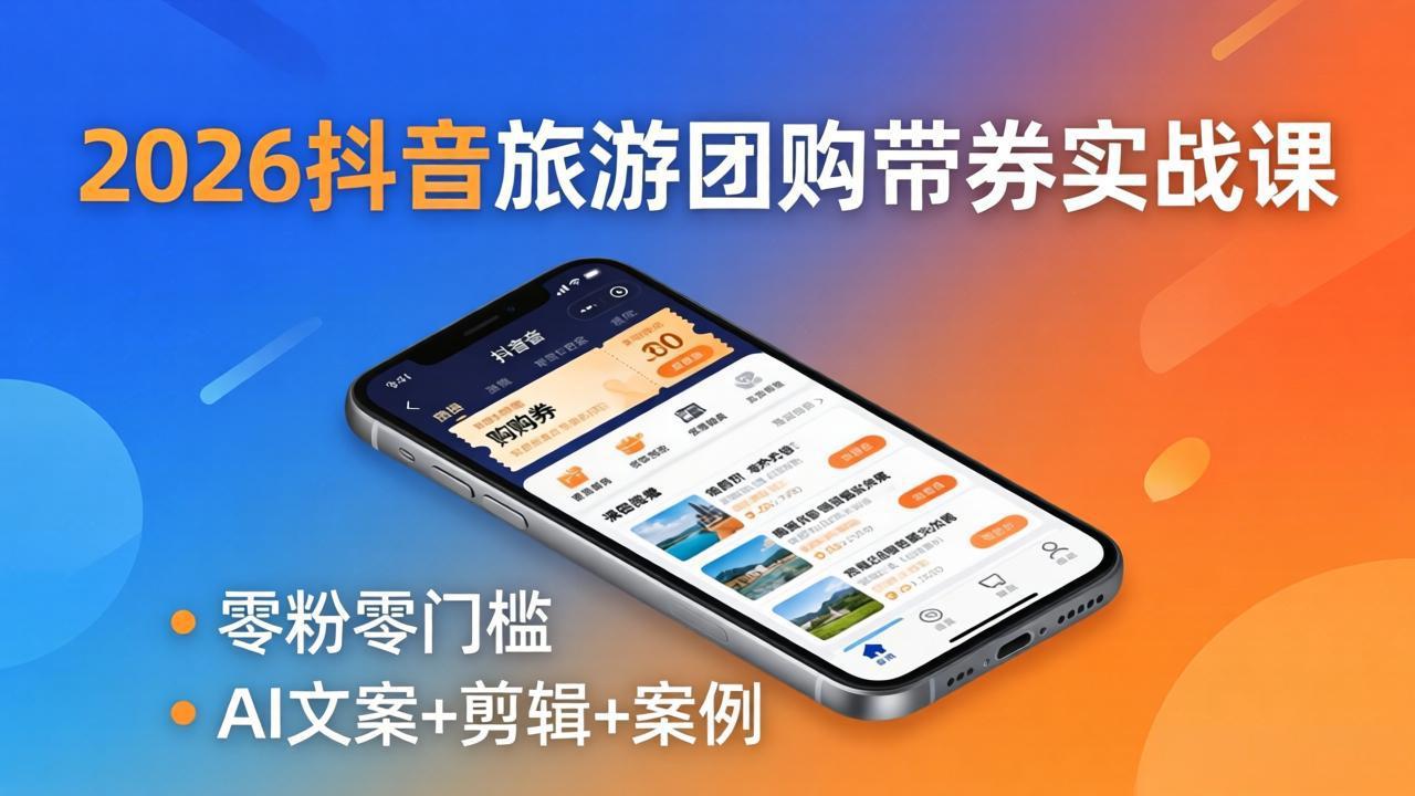 2026抖音旅游团购带券实战课：零粉零门槛，AI文案+剪辑+案例，躺着赚门票佣金-财阁