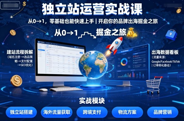 独立站运营实战课，从0到1，零基础也能快速上手，开启你的品牌出海掘金之旅-财阁