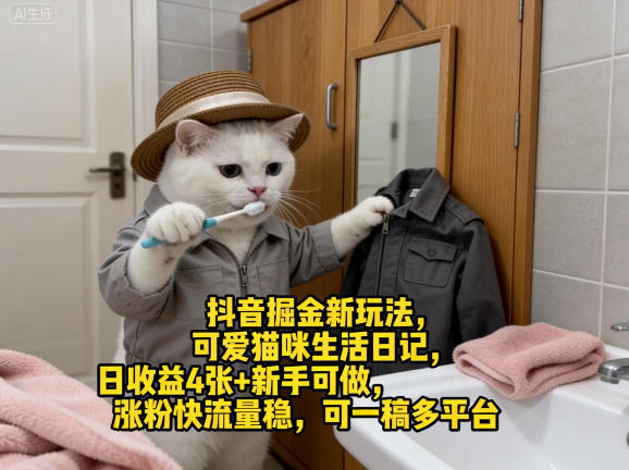 抖音掘金新玩法，可爱猫咪生活日记，日收益4张+新手可做，涨粉快流量稳，可一稿多平台-财阁