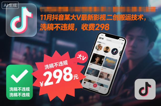 11月抖音某大V最新影视二创搬运技术，洗稿不违规，收费298-财阁