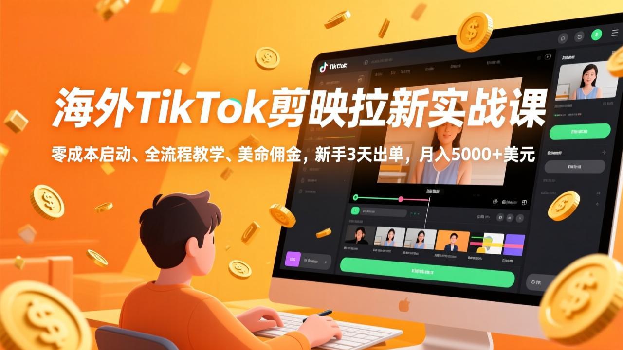 海外TikTok剪映拉新实战课，零成本启动、全流程教学、美金佣金，新手3天出单，月入5000+美元-财阁