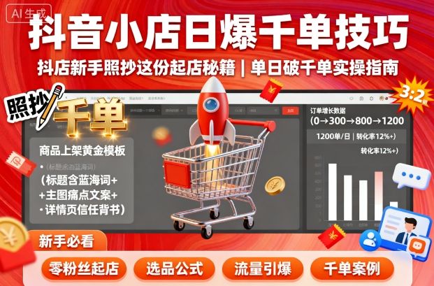 抖音小店日爆千单技巧，抖店新手照抄这份起店秘籍，单日破千单-财阁