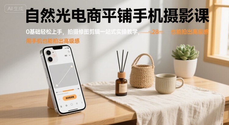 自然光电商平铺手机摄影课，0基础轻松上手，拍摄修图剪辑一站式实操教学，用手机也能拍出高级感-财阁