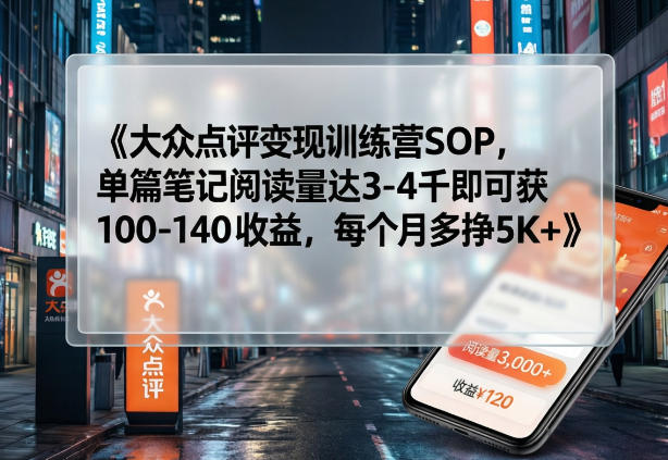 大众点评变现训练营SOP，单篇笔记阅读量达3-4千即可获100-140收益，每个月多挣5K+-财阁