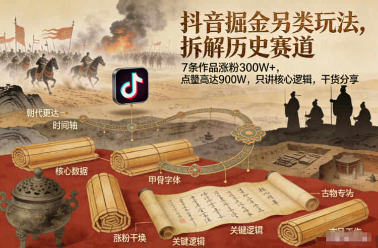 抖音掘金另类玩法，拆解历史赛道，7条作品涨粉300W+，点赞量高达900W，只讲核心逻辑，干货分享-财阁