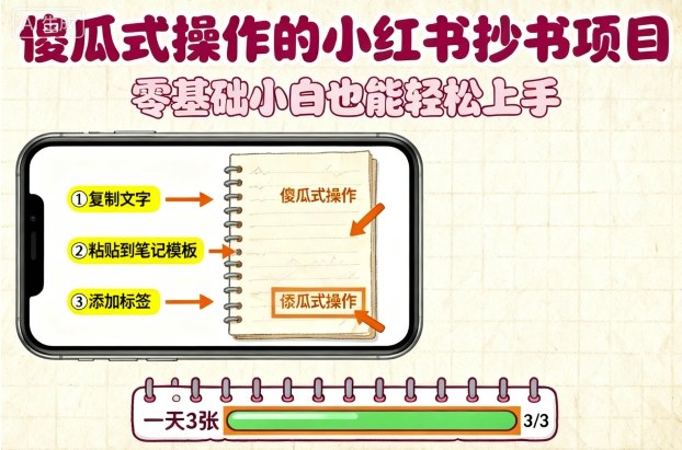 傻瓜式操作的小红书抄书项目，会复制粘贴就行，零基础小白也能一天3张-财阁