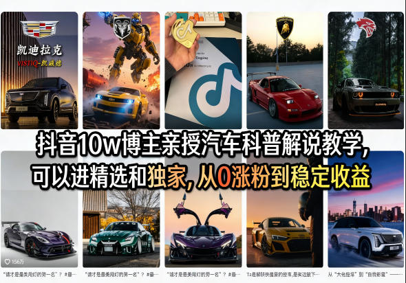 抖音10w博主亲授汽车科普解说教学，可以进精选和独家，从0涨粉到稳定收益(详细视频课程+1T素材)-财阁