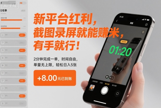新平台红利，截图录屏就能賺米，有手就行！2分钟完成一单，时间自由，单量无上限，轻松日入5张【揭秘】-财阁