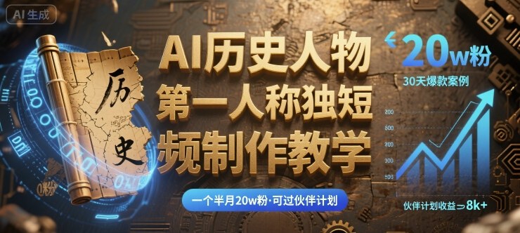 最新AI历史人物第一人称独白短视频制作教学，一个半月20w粉，可过伙伴计划-财阁