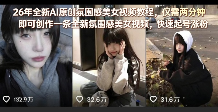 26年全新AI原创氛围感美女视频教程，仅需两分钟即可创作一条全新氛围感美女视频，快速起号涨粉-财阁