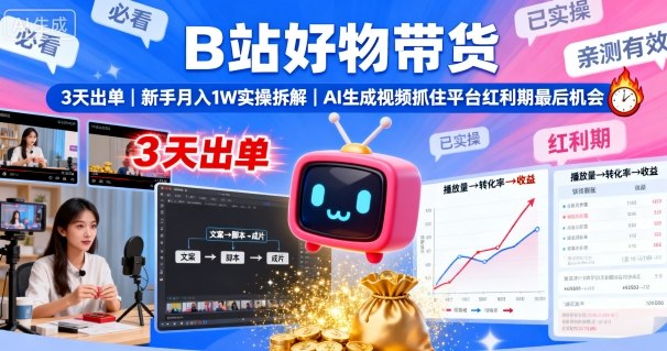 B站好物带货，3天出单，新手月入1W实操拆解，AI生成视频，抓住平台红利期最后机会-财阁