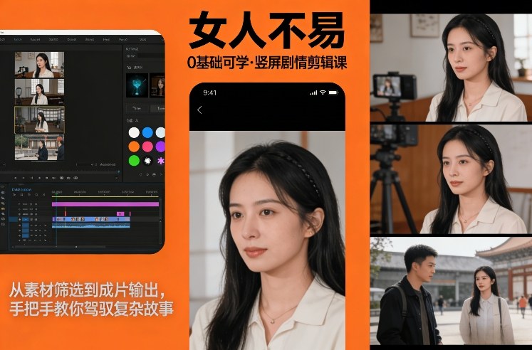 0基础可学！《女人不易》竖屏剧情剪辑课，从素材筛选到成片输出，手把手教你驾驭复杂故事-财阁