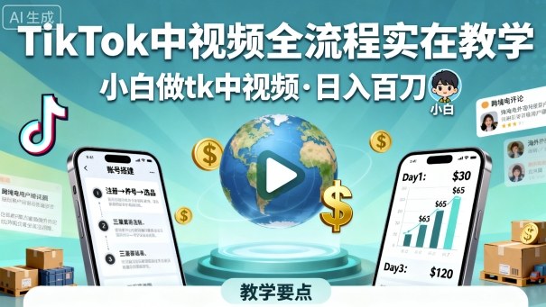 TikTok中视频全流程实操教学，小白做tk中视频，日入百刀-财阁