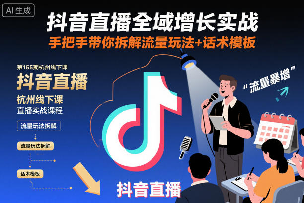 抖音直播全域增长实战第155期杭州线下课，手把手带你拆解流量玩法+话术模板-财阁