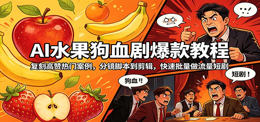 AI水果狗血剧爆款教程：复刻高赞热门案例，分镜脚本到剪辑，快速批量做流量短剧-财阁
